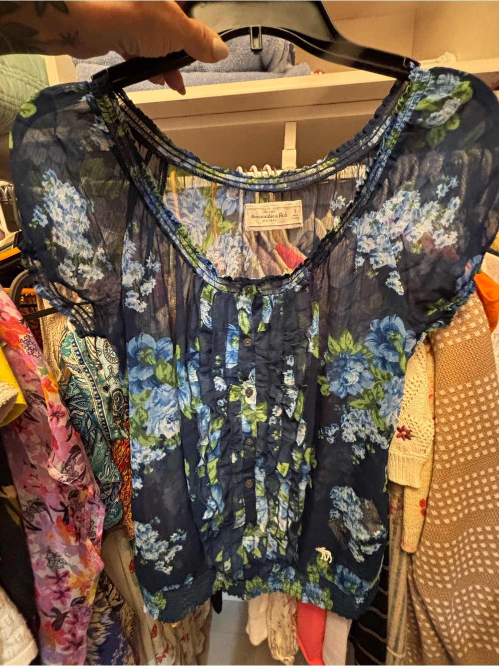 Abercrombie & Fitch Navy Floral Ruffle-Front Blouse